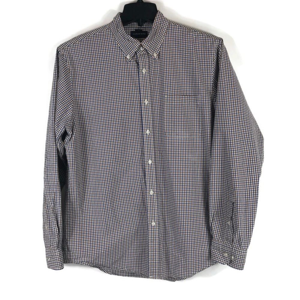 Lands’End Button Down Shirt Plaid Navy Brown Cream Men’s Tailored fit size Large